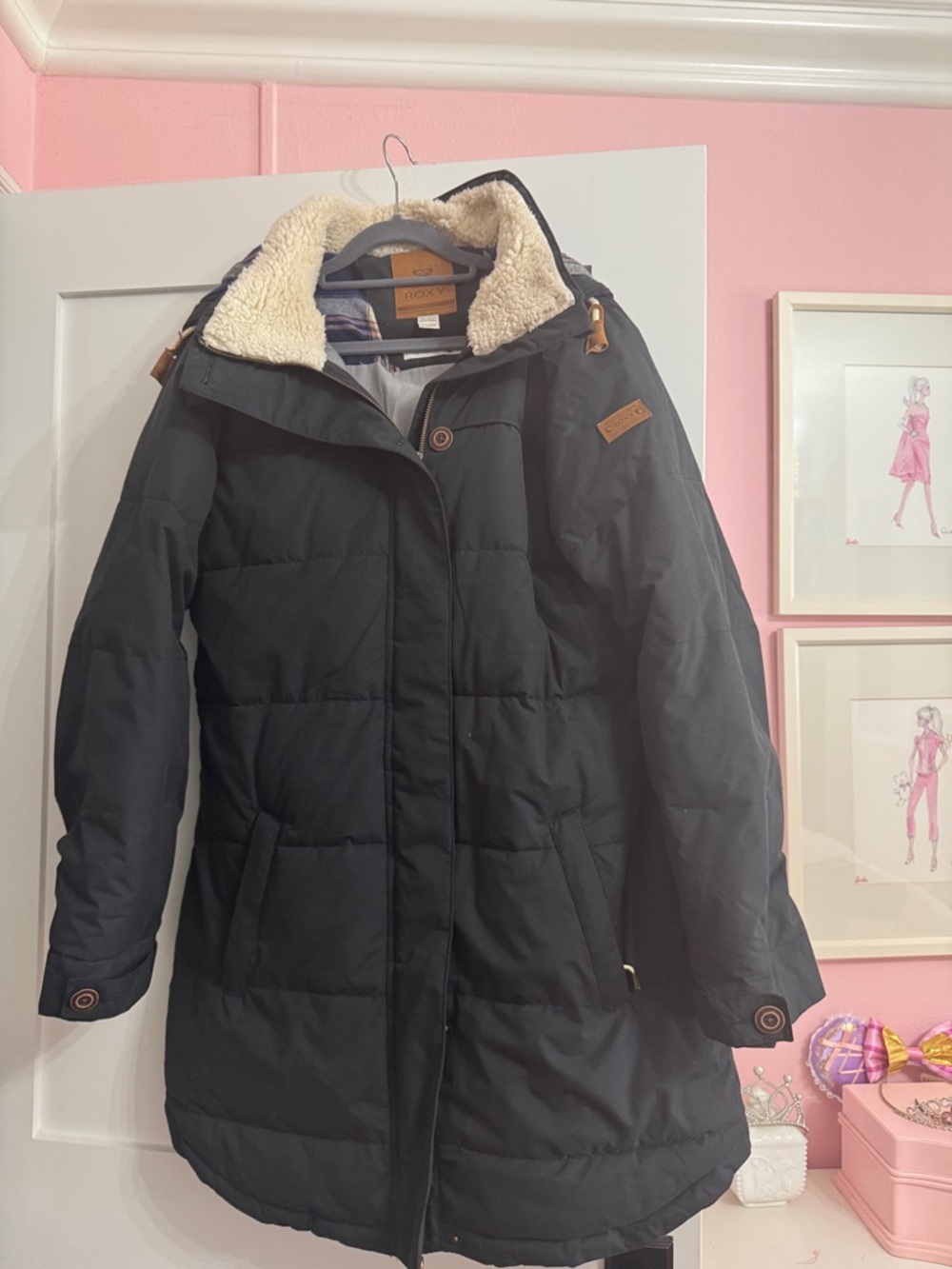 Roxy Black Quilted Parka with Cream Sherpa Collar
